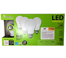 A19 (4 Pack) Energy Star 12W (=75W) 27K Dimmable 1150 Lumens, LED